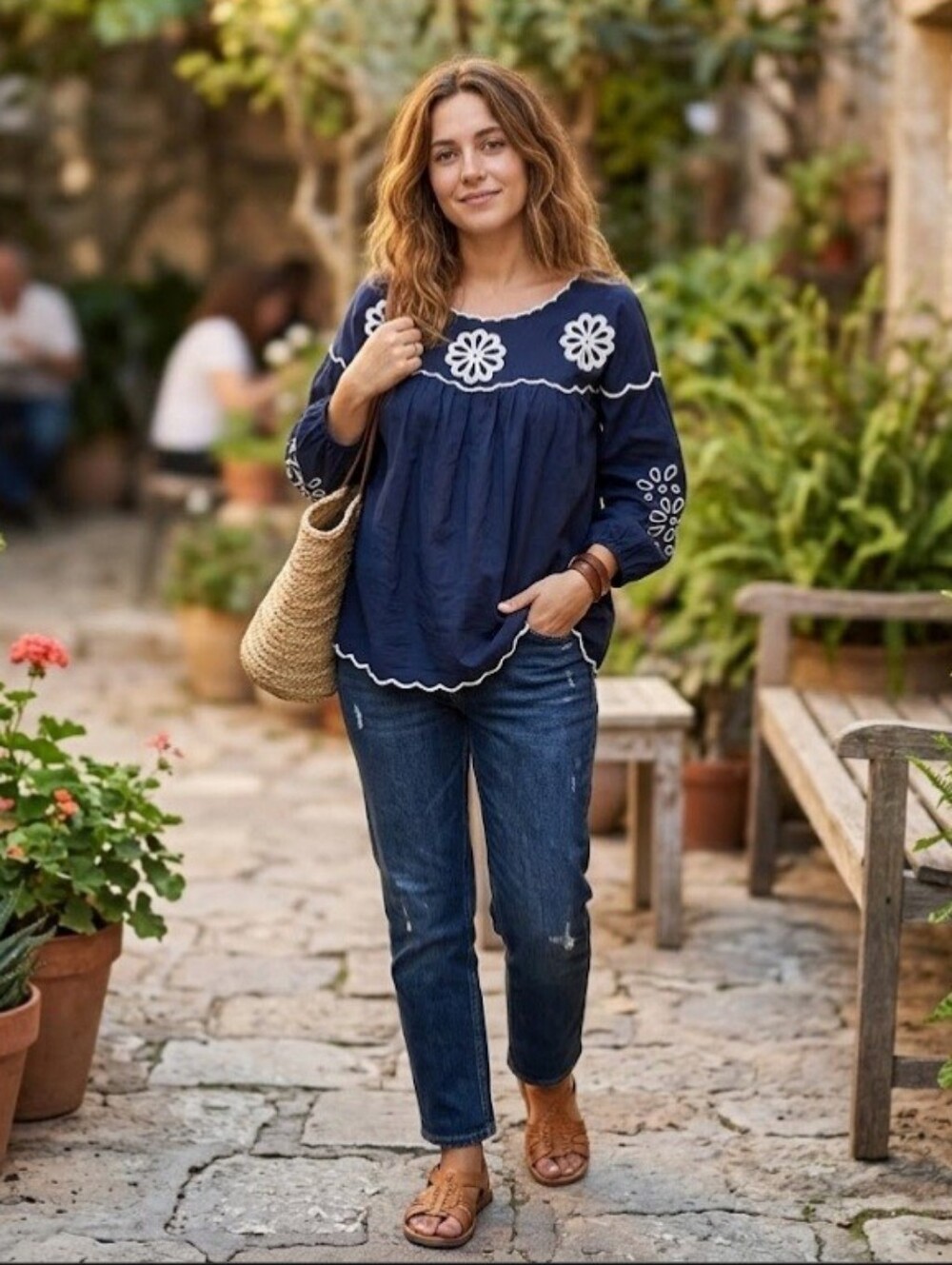 Cato Navy Blue Embroidered Peasant Tunic